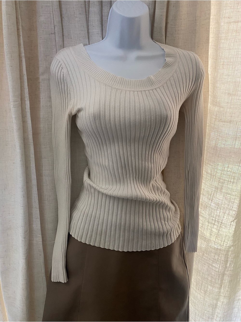 It's Our Time Ivory Ribbed Scoop-Neck Long Sleeve Top